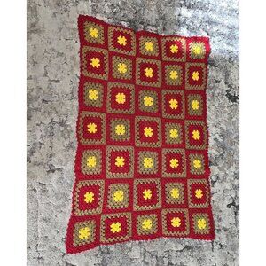 Handmade Granny Square Crochet Blanket Red Yellow & Brown 55"x 37" Retro Vintage